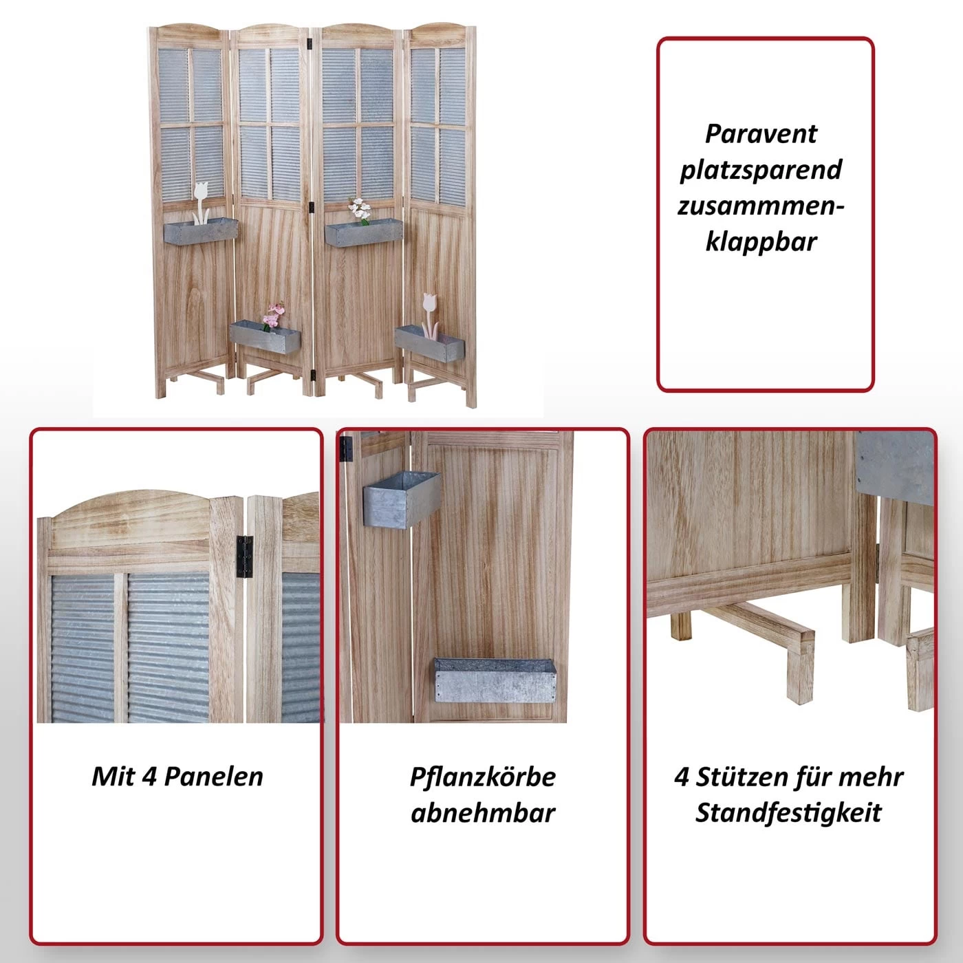 Paravent MCW-D26 Pflanzkörbe, Raumteiler Trennwand Spanische Wand Sichtschutz, Holz Metall 170x161x29cm 4 Paravent MCW-D26 Pflanzkörbe, Raumteiler Trennwand Spanische Wand Sichtschutz, Holz Metall 170x161x29cm – Bild 2