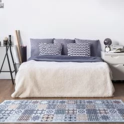 HOMCOM Läufer Im Bunten Fliesendesign Blau, Braun 145 X 45 X 0,5 Cm | Küchenläufer Küchenteppich Läufer