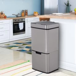 HOMCOM Abfalleimer Mit Sensor Silber 42 X 30 X 81 Cm (LxBxH) | Mülleimer 3 Faches Mülltrennsystem Kücheneimer -Heimische Küche Geschäft 8600336600 851 018 prod 003
