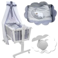 Baby Wiege Kinder Bett Stubenwagen Beistellbett + 9 Tlg. Zubehör Weiß Grau