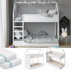 VITALISPA Hochbett Massimo Kinderbett Etagenbett Doppelstockbett Holzbett Weiß + 2 Matratzen