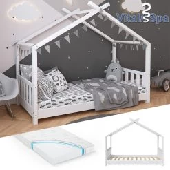 VITALISPA Kinderbett Hausbett DESIGN 80x160cm Weiß Zaun Kinder Holz Haus Hausbett Mit Matratze
