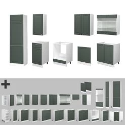 Vicco Küchenzeile Küchenblock Einbauküche Fame-Line Landhaus Weiß Grün Gold 300 Cm Schubunterschrank Herdumbauschrank Spülenunterschrank Hängeschrank Kühlumbauschrank Geschirrspülerblende -Heimische Küche Geschäft 8600343700 38038 prod 006