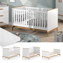 VitaliSpa Kinderbett Babybett Juniorbett Malia Weiß Eiche Matratze Modern 70x140 Cm Kinderzimmer Bett Babyzimmerbett Kindermöbel Babymöbel Schlupfsprossen Lattenrost Rausfallschutz Einzelbett