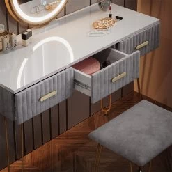 Vicco Schminktisch Frisiertisch Schminkkommode Layla Weiß Grau LED-Spiegel Design-Hocker 100x79 Cm Modern Schlafzimmer Kommode Schublade Ablage Aufbewahrung Touch-Switch Kosmetiktisch Make-Up-Tisch -Heimische Küche Geschäft 8600343700 38504 prod 005