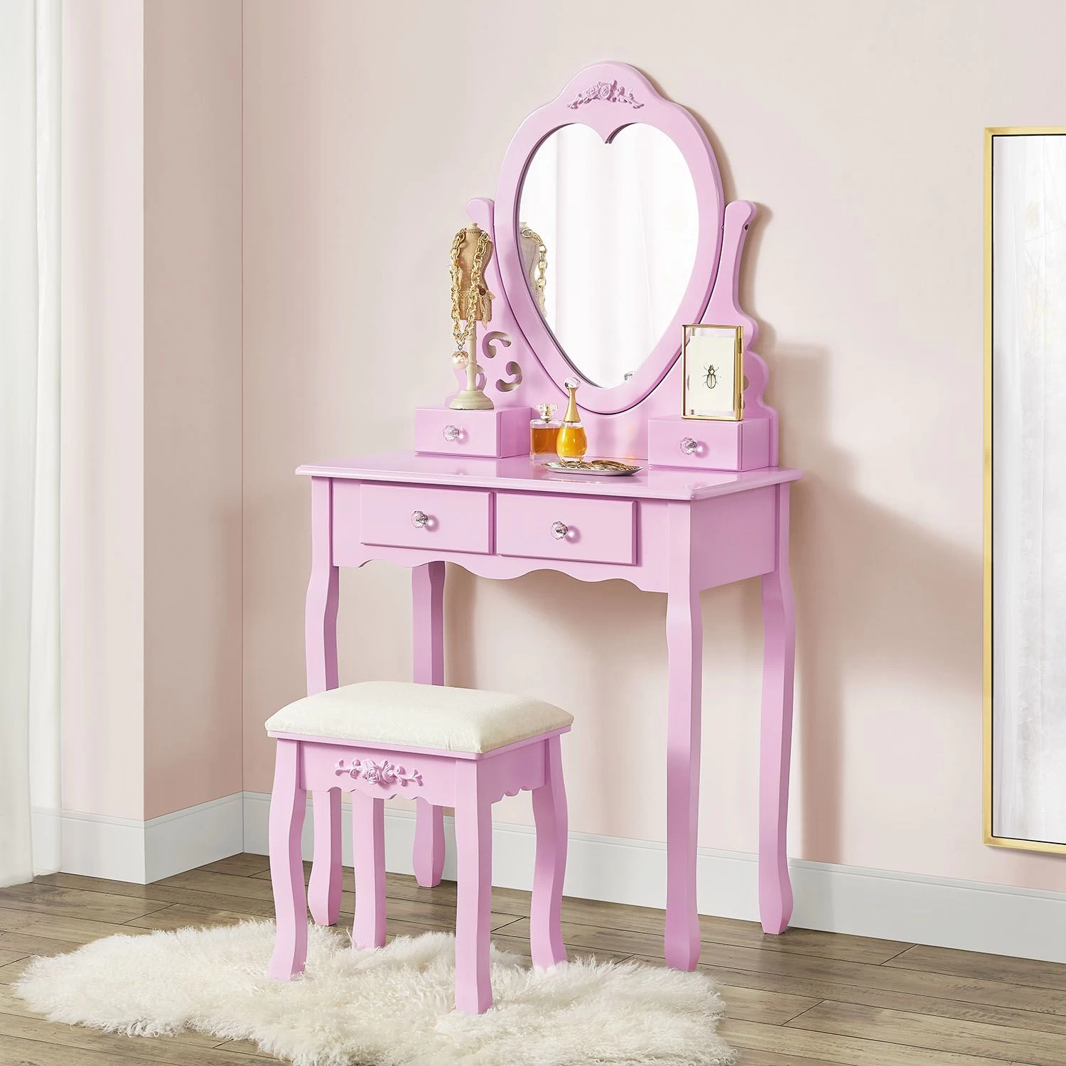 Juskys Schminktisch Julia - Frisiertisch Mit Spiegel, Hocker & 4 Schubladen - Rosa - Mädchen Kinder 4 Juskys Schminktisch Julia - Frisiertisch Mit Spiegel, Hocker & 4 Schubladen - Rosa - Mädchen Kinder – Bild 2