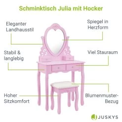 Juskys Schminktisch Julia - Frisiertisch Mit Spiegel, Hocker & 4 Schubladen - Rosa - Mädchen Kinder 10 Juskys Schminktisch Julia - Frisiertisch Mit Spiegel, Hocker & 4 Schubladen - Rosa - Mädchen Kinder -Heimische Küche Geschäft 8600348200 19570 prod 003