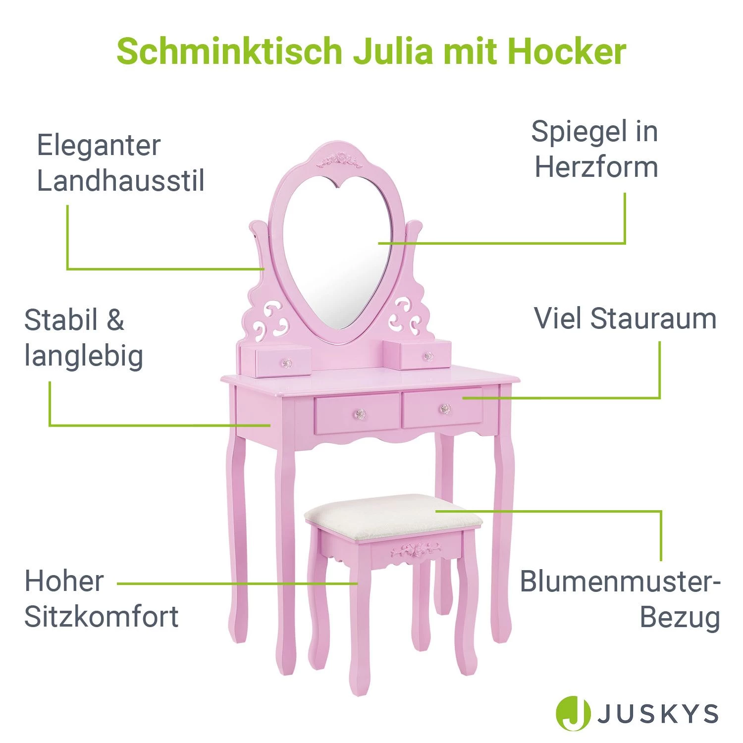 Juskys Schminktisch Julia - Frisiertisch Mit Spiegel, Hocker & 4 Schubladen - Rosa - Mädchen Kinder 5 Juskys Schminktisch Julia - Frisiertisch Mit Spiegel, Hocker & 4 Schubladen - Rosa - Mädchen Kinder – Bild 3