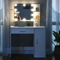 Juskys Schminktisch Zoey Weiß – Frisiertisch Mit LED-Beleuchtung, Spiegel, Schublade & Schrank -Heimische Küche Geschäft 8600348200 75620395 prod 003