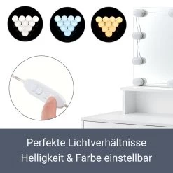 Juskys Schminktisch Zoey Weiß – Frisiertisch Mit LED-Beleuchtung, Spiegel, Schublade & Schrank -Heimische Küche Geschäft 8600348200 75620395 prod 005