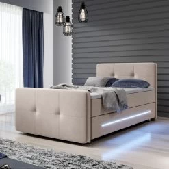 Juskys Boxspringbett Houston 120x200 Cm - Bett Mit LED, Topper & Federkern-Matratze – Stoff Beige -Heimische Küche Geschäft 8600348200 80154973 prod 002