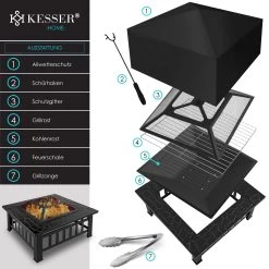 KESSER® Feuerstelle Mit Grillrost & Grillzange Feuerschale 82x82x50cm, 3in1 Multifunktional Fire Pit Für Heizung/BBQ Grill, Garten Terrasse , Metall Feuerkorb Mit Schutzhülle Schürhaken Funkenschutz -Heimische Küche Geschäft 8600364700 21739 prod 002