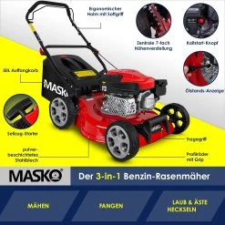MASKO® Benzin Rasenmäher 5in1 Radantrieb EasyClean Reinigungsfunktion Mulchfunktion Seitenauswurf Hohe Schnittbreite 8-fache Schnitthöhenverstellung | 4 Takt Motor | Inkl. Fangkorb -Heimische Küche Geschäft 8600364700 23488 prod 005